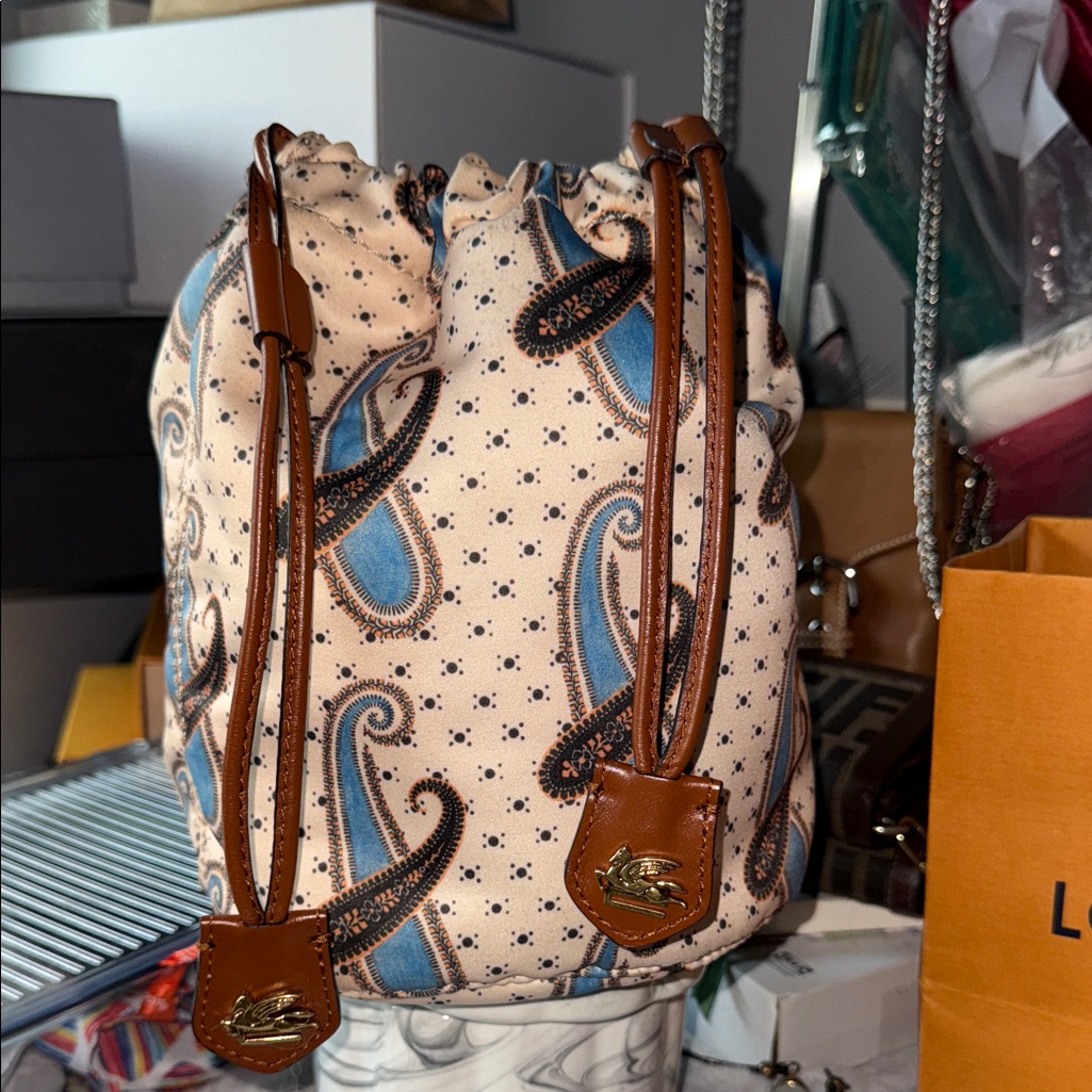Etro Milano Paisley Drawstring Clutch With Brown Leather Accents